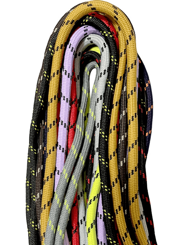 Colorful geometric round trekking laces made of durable polyester, perfect for shoes, available in 120 cm and 140 cm lengths.